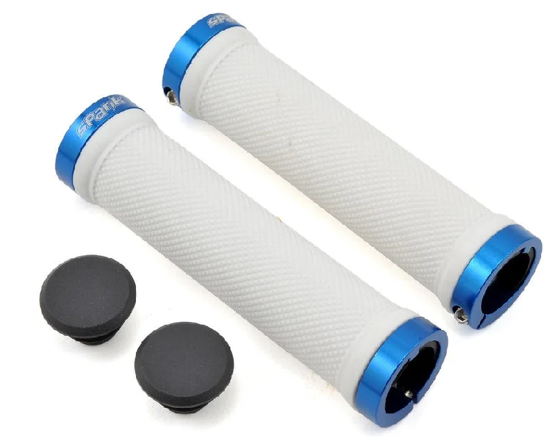 easy-install folding bicycle grips-Spank Spoon Handlebar Grips Double Lock On White & Blue 130mm