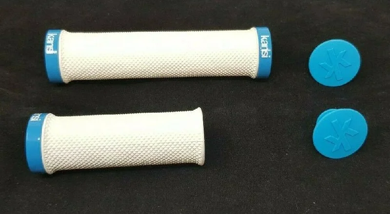 low-profile bicycle grips-135mm+93mm Lock On Handle Bar Grips, White & Blue, Kansi Bikes, Folding Bike, Mtb