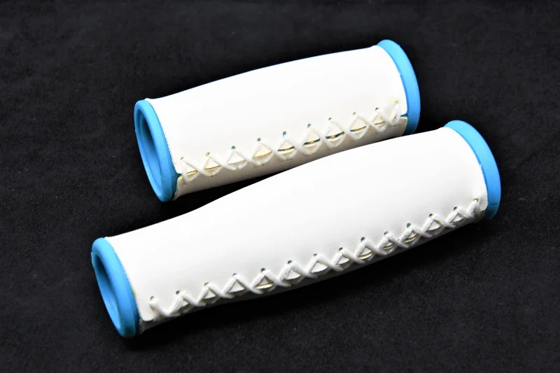 solid color leather bicycle grips-Pair Luxury White & Blue “Hand Stitch Look” Bike Handlebar Grips 2 Sizes Gripshift