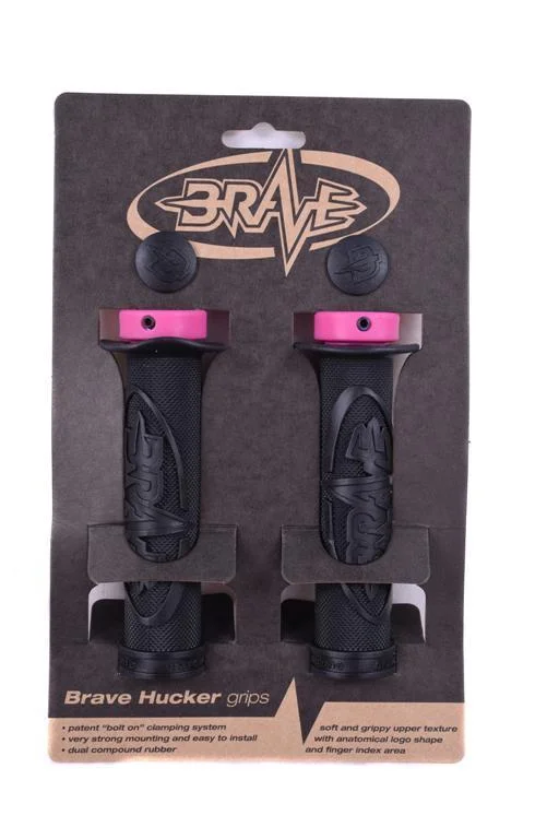 leather mountain bike grips-BRAVE 'HUCKER’ HANDLEBAR GRIPS LOCK-ON 22.2mm BLACK WITH PINK LOCK RINGS 65% OFF