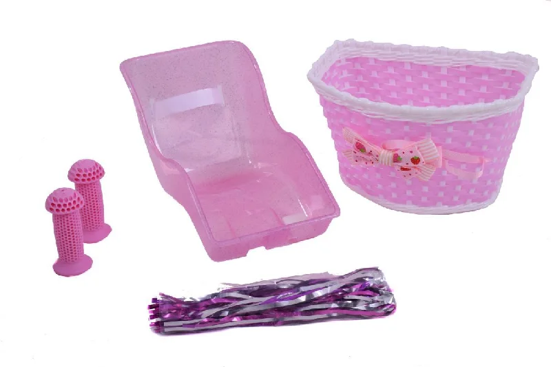 padded mountain bike grips-Girls Pink Accessory Pack Dolly Seat Bow Basket Tassels & Free Grips - Ideal Gift